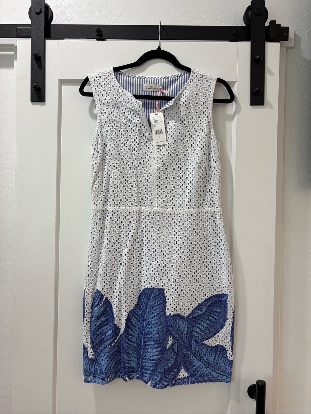 Vineyard Vines White Eyelet Dress with Blue Leaf Border